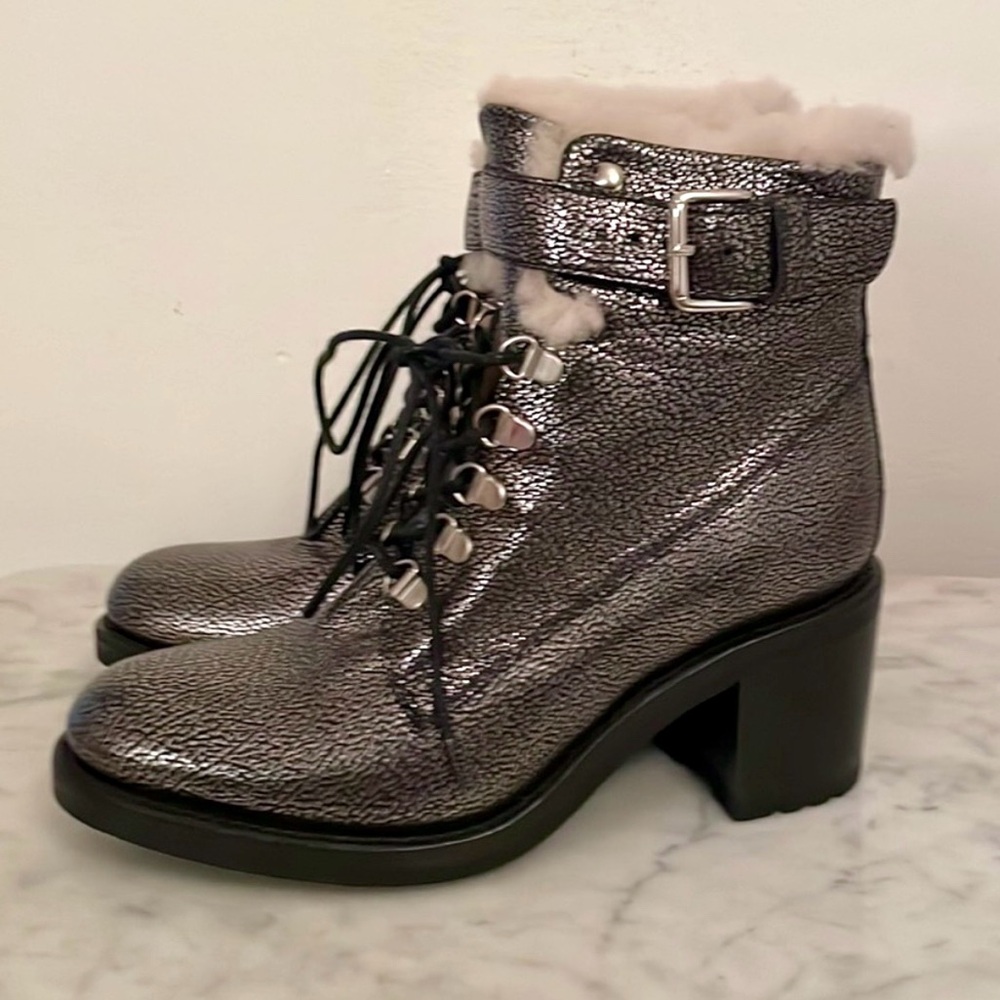 FREE LANCE PARIS lace up boots Black Metallic Leather & Real shearling NEW!